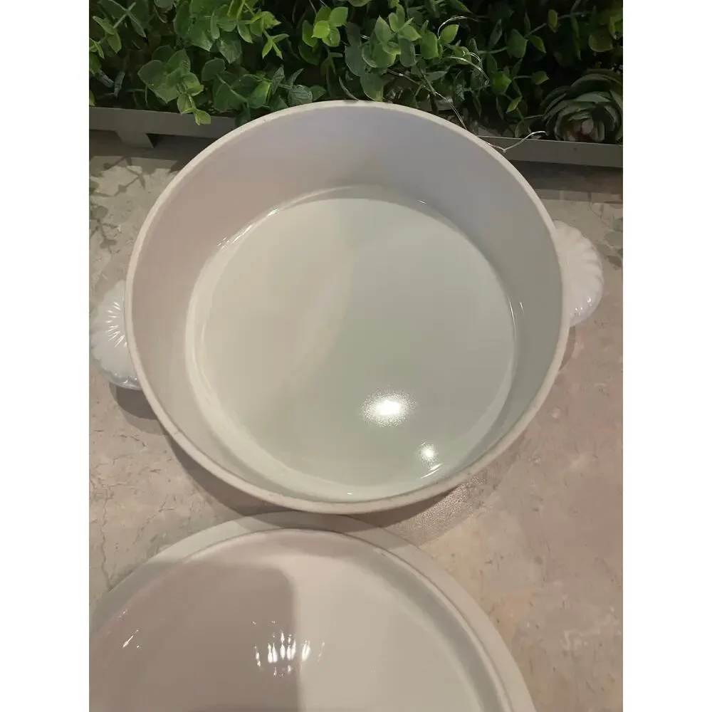Vintage Jade Lily Shafford porcelain casserole dish leaf handles 8x3” rim to rim